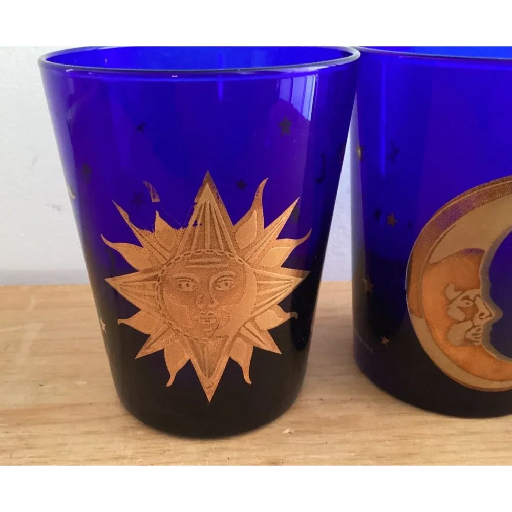 Set 3 Culver Cobalt Blue Glasses Gold Sun Moon Stars USA 12 oz Cocktail Glass